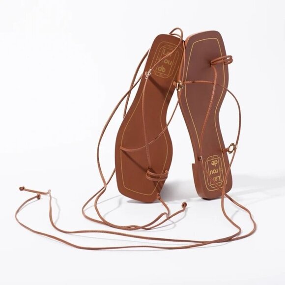 Larroude Shoes - Larroude Portofino Flat Sandals in Caramel Leather 6 With Box Womens Wrap Slides